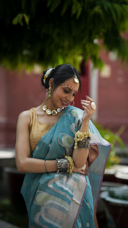 Mercerised Cotton Fancy Alfi Saree – Blue with Meenakari Zari Border