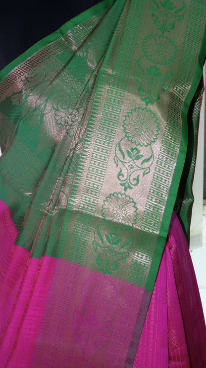 Pink with Green Contrast Banarasi Silk Saree