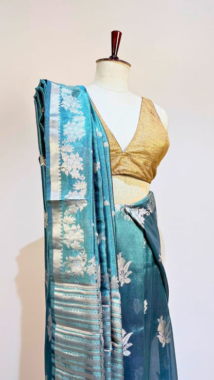 Teal Blue Cotton Tissue Saree
