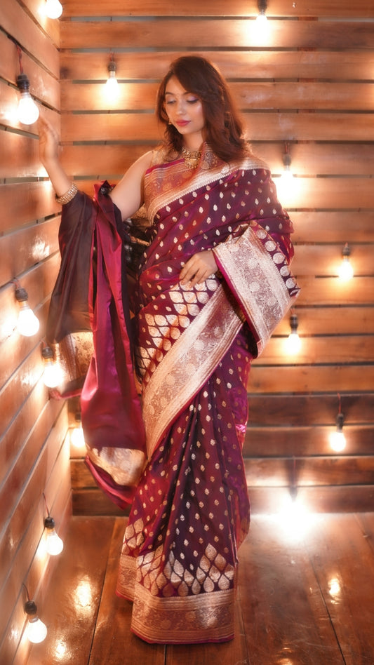 Wine Dual Zari Pure Katan Silk Banarasi Saree