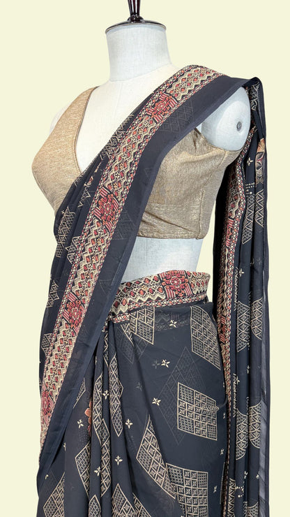 Black Geometric Printed Synthetic Saree