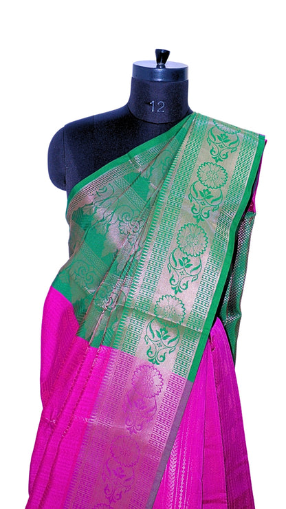 Pink with Green Contrast Banarasi Silk Saree