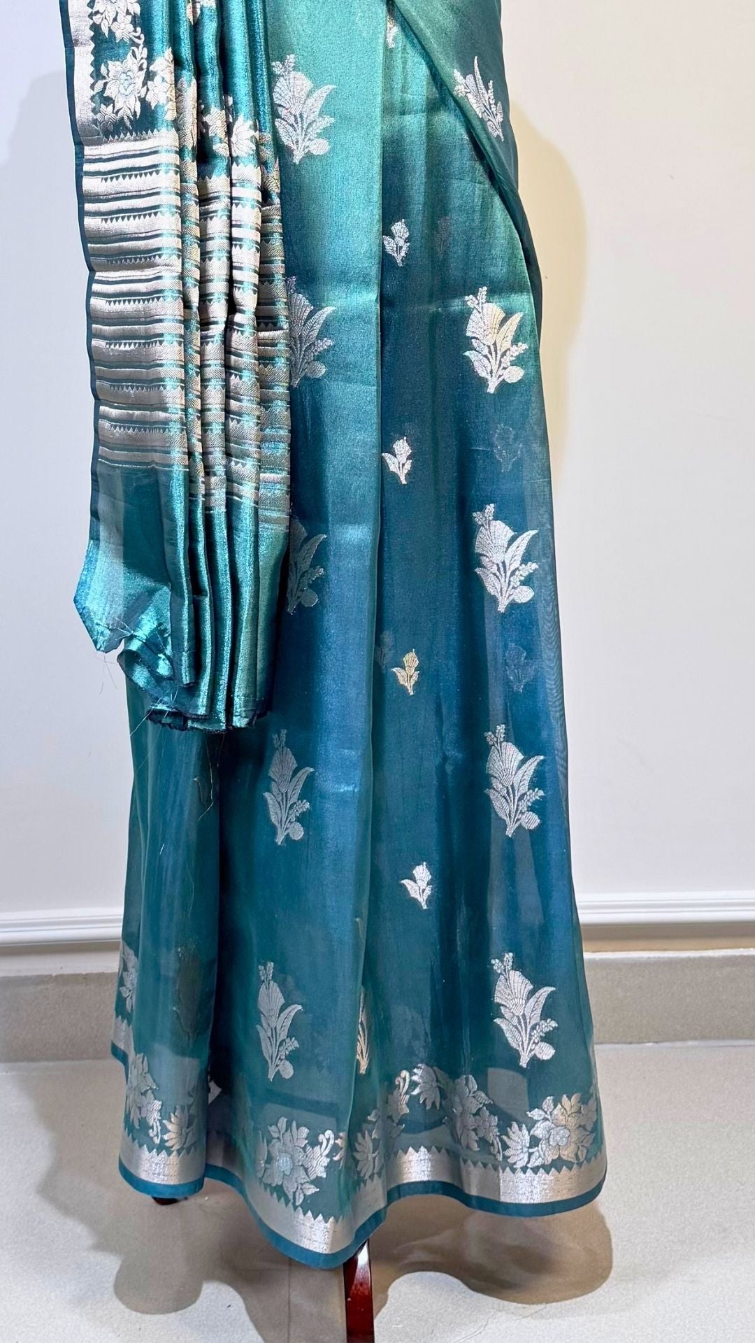 Teal Blue Cotton Tissue Saree