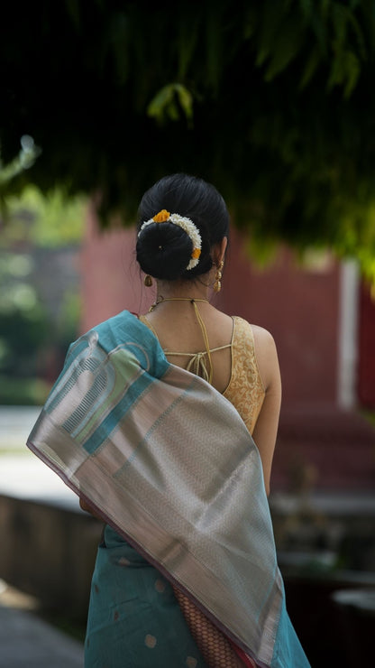 Mercerised Cotton Fancy Alfi Saree – Blue with Meenakari Zari Border