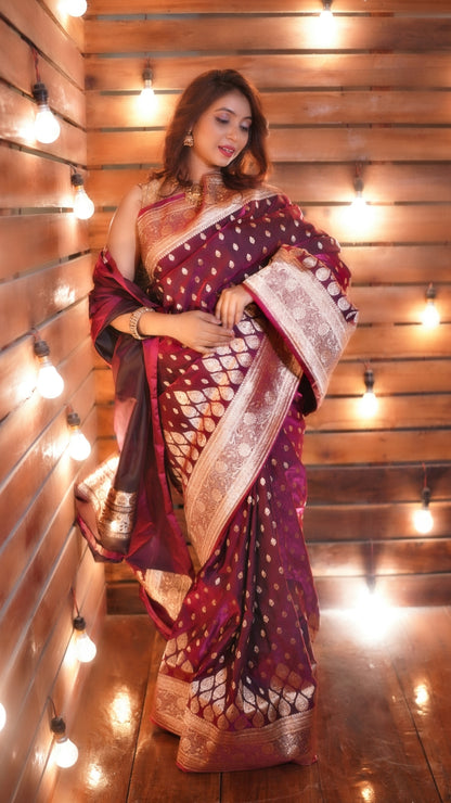 Wine Dual Zari Pure Katan Silk Banarasi Saree