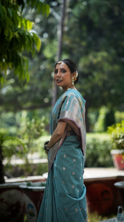 Mercerised Cotton Fancy Alfi Saree – Blue with Meenakari Zari Border