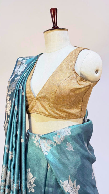 Teal Blue Cotton Tissue Saree