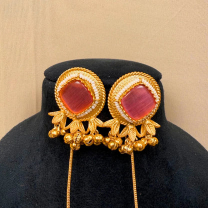 Pink Stone Jhumka Earrings,Long Chain Drop Danglers