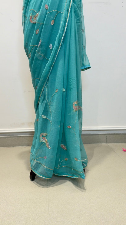 Banarashe Turquoise Blue Embroidered Saree with Floral Motifs & Golden Lace Border