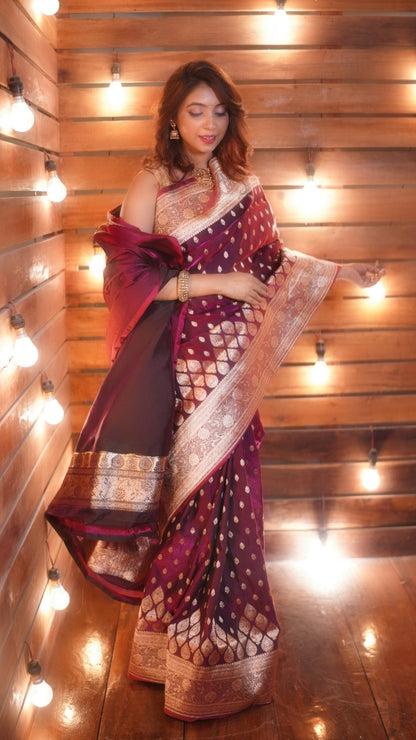 Wine Dual Zari Pure Katan Silk Banarasi Saree