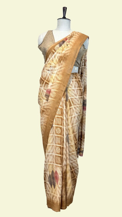 Beige Printed Synthetic Saree