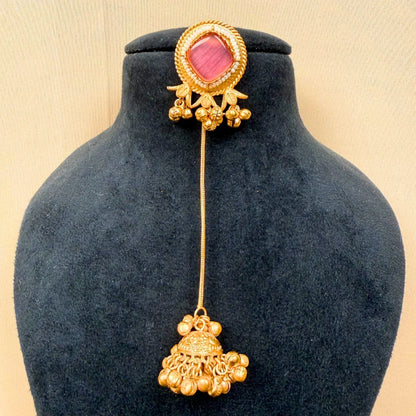 Pink Stone Jhumka Earrings,Long Chain Drop Danglers