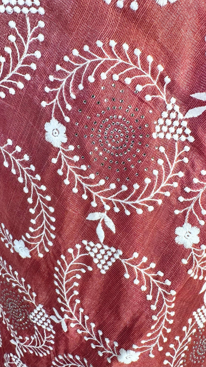 Elegant maroon tissue Saree with Embroidery border& Floral Motifs,