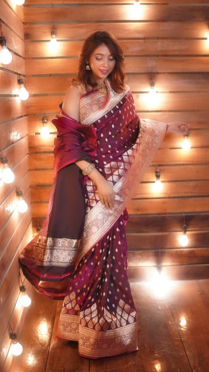 Wine Dual Zari Pure Katan Silk Banarasi Saree
