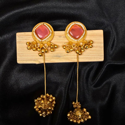 Pink Stone Jhumka Earrings,Long Chain Drop Danglers