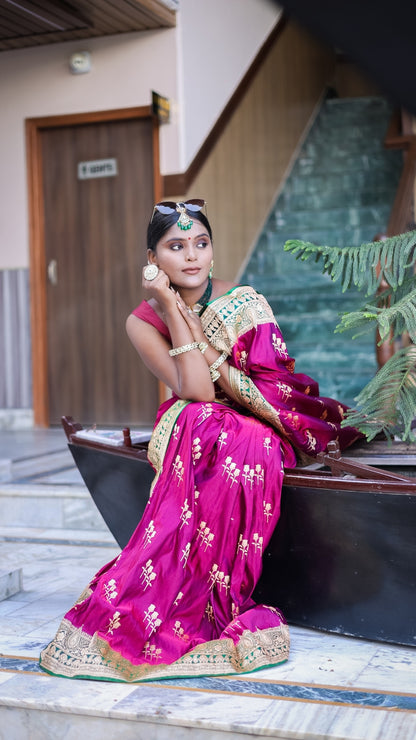 Rani Pink Silk Saree with Antique Gold Zari and Emerald Detailing