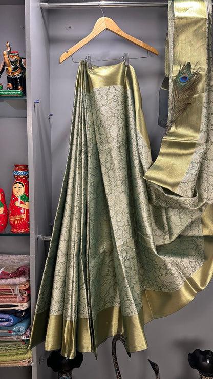 Noor Banarasi Silk Saree – In Hues of Sage and Stillness