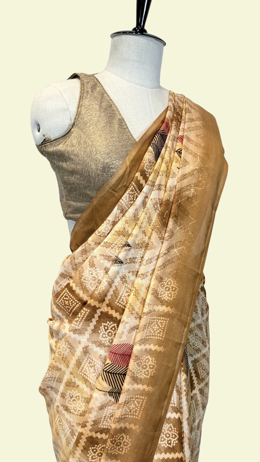 Beige Printed Synthetic Saree