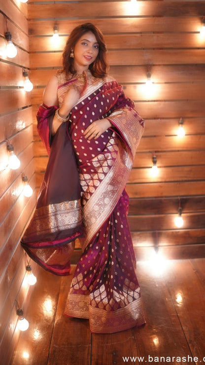 Wine Dual Zari Pure Katan Silk Banarasi Saree