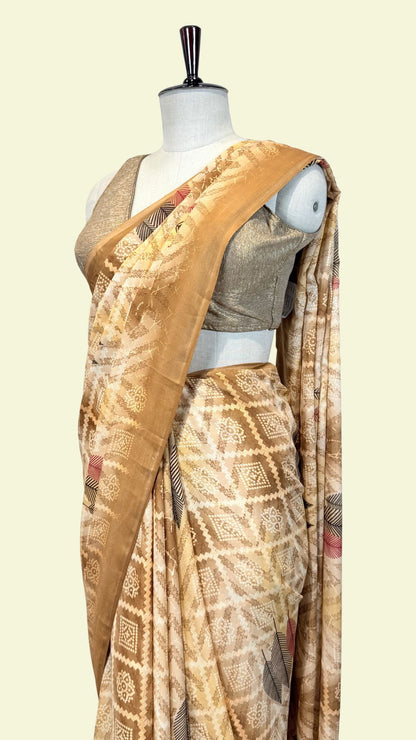 Beige Printed Synthetic Saree