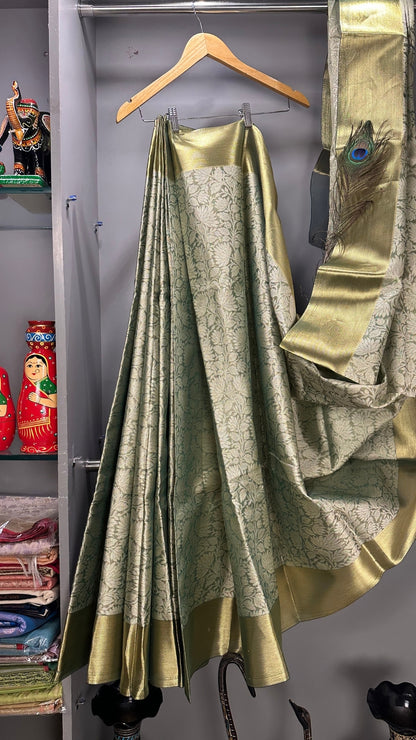 Noor Banarasi Silk Saree – In Hues of Sage and Stillness