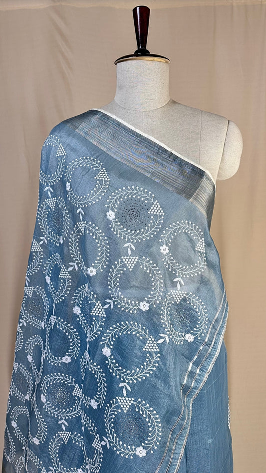 Elegant Blue tissue Saree with Embroidery border& Floral Motifs