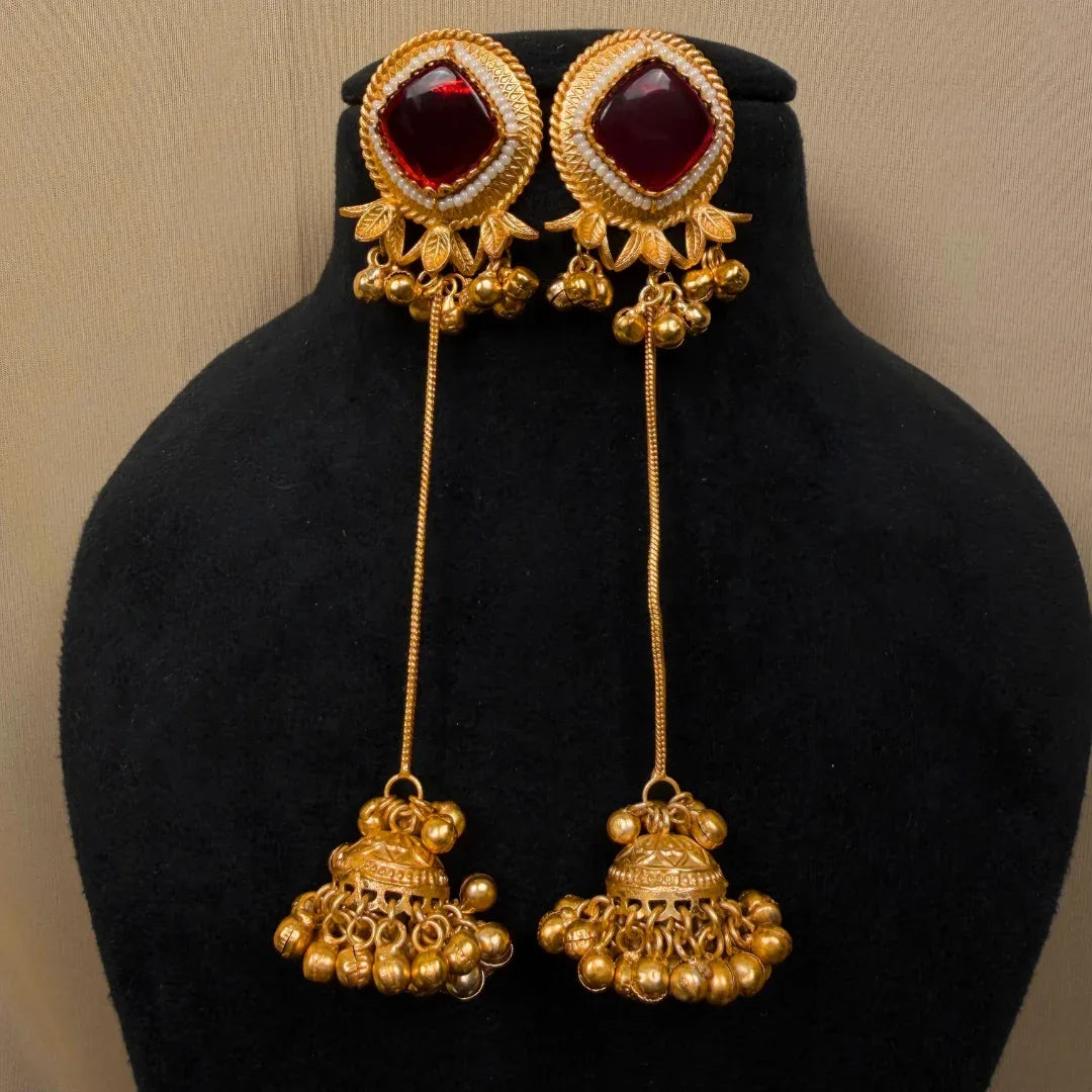 Red Stone, Long Chain Dangle, Pearl Accents, Ethnic Indian Jewelry