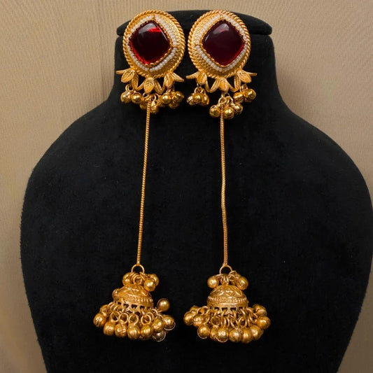 Red Stone, Long Chain Dangle, Pearl Accents, Ethnic Indian Jewelry