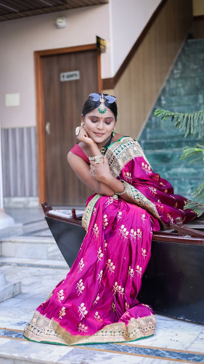 Rani Pink Silk Saree with Antique Gold Zari and Emerald Detailing