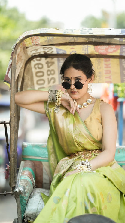 Mercerised Cotton Fancy Alfi Saree – Emerald Green with Meenakari Zari Border
