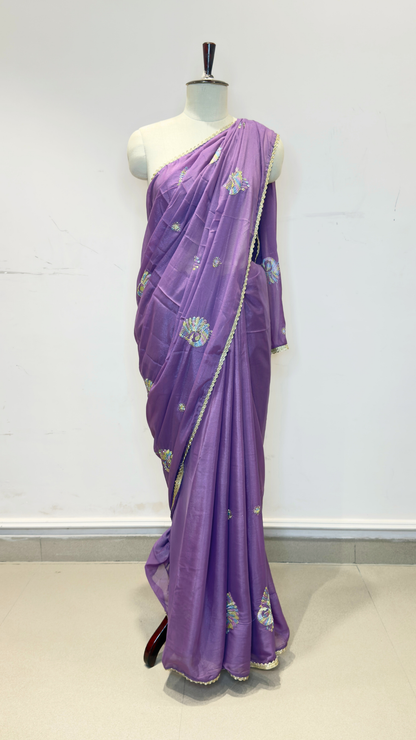 Banarashe Purple Embroidered Saree with Multicolour Peacock Motifs & Golden Lace Border