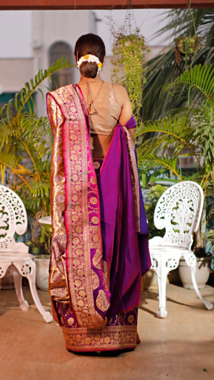 Mandakini Purple Dual Zari Pure Katan Silk Banarasi Saree