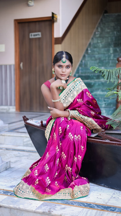Rani Pink Silk Saree with Antique Gold Zari and Emerald Detailing