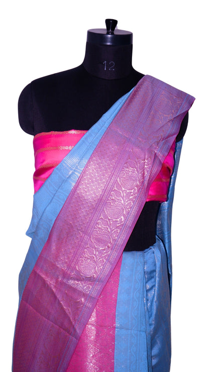Blue & Magenta with Pink Contrast Banarasi Silk Saree