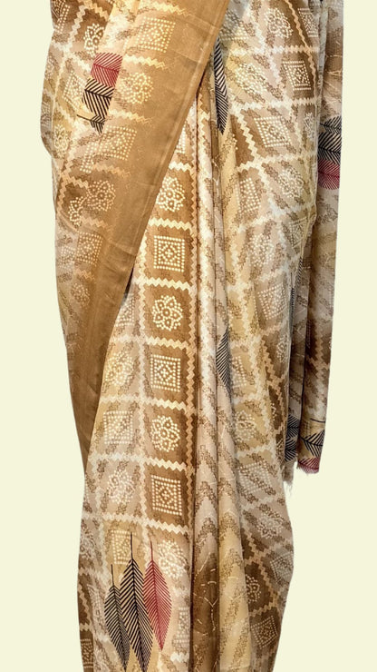 Beige Printed Synthetic Saree