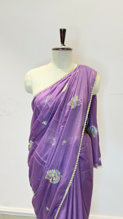 Banarashe Purple Embroidered Saree with Multicolour Peacock Motifs & Golden Lace Border