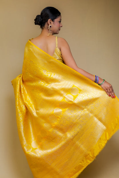 Bright Canary Yellow Banarasi Patola Italian Crepe Silk Saree with Silver Zari
