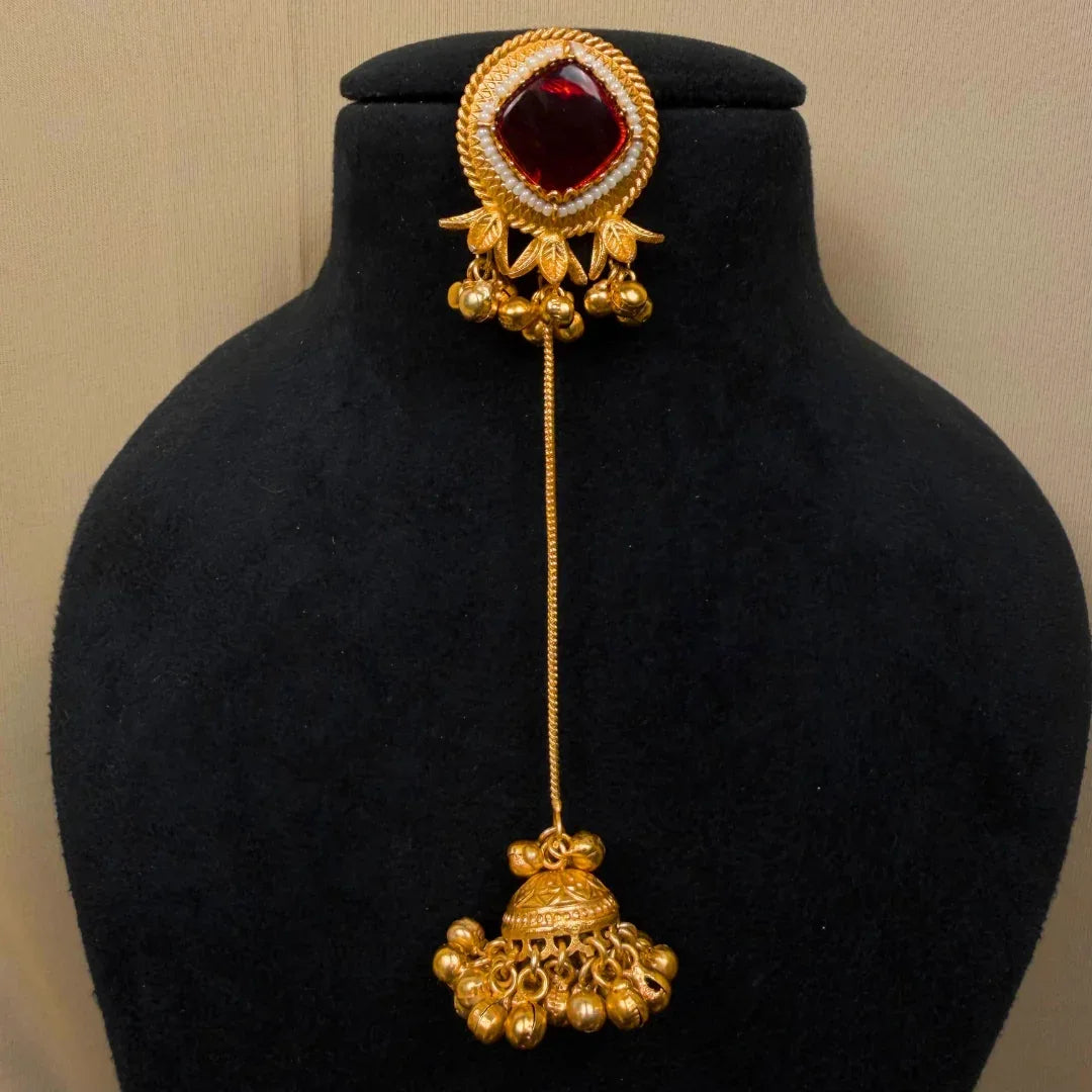 Red Stone, Long Chain Dangle, Pearl Accents, Ethnic Indian Jewelry