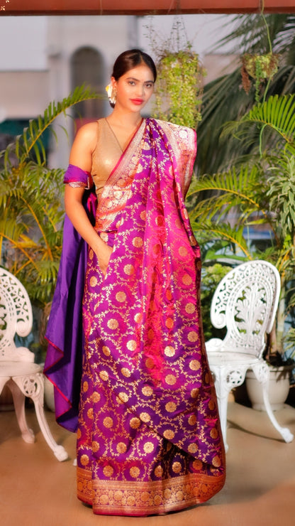 Mandakini Purple Dual Zari Pure Katan Silk Banarasi Saree