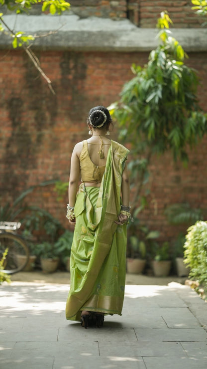 Mercerised Cotton Fancy Alfi Saree – Emerald Green with Meenakari Zari Border