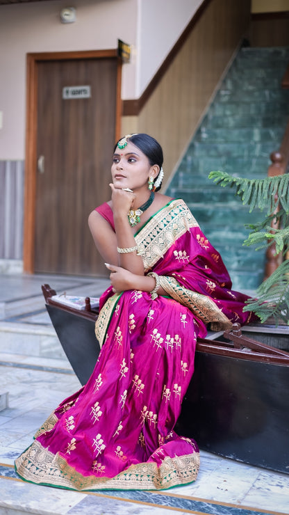 Rani Pink Silk Saree with Antique Gold Zari and Emerald Detailing