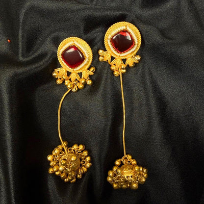 Red Stone, Long Chain Dangle, Pearl Accents, Ethnic Indian Jewelry