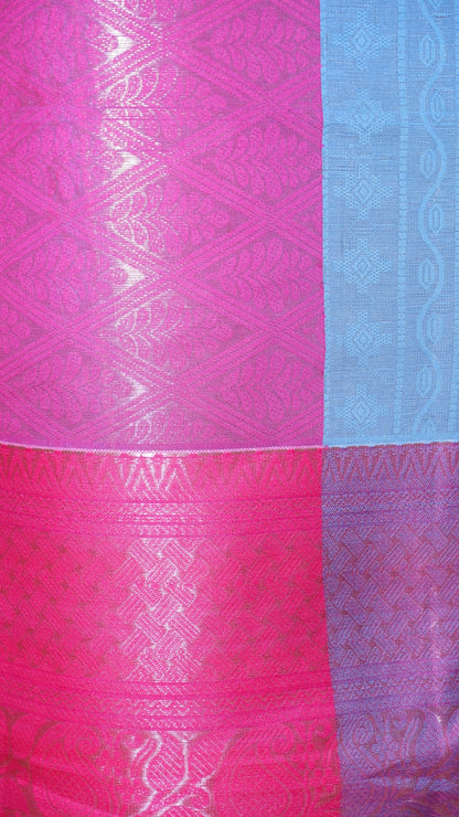 Blue & Magenta with Pink Contrast Banarasi Silk Saree