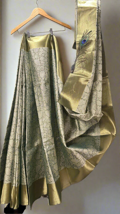 Noor Banarasi Silk Saree – In Hues of Sage and Stillness