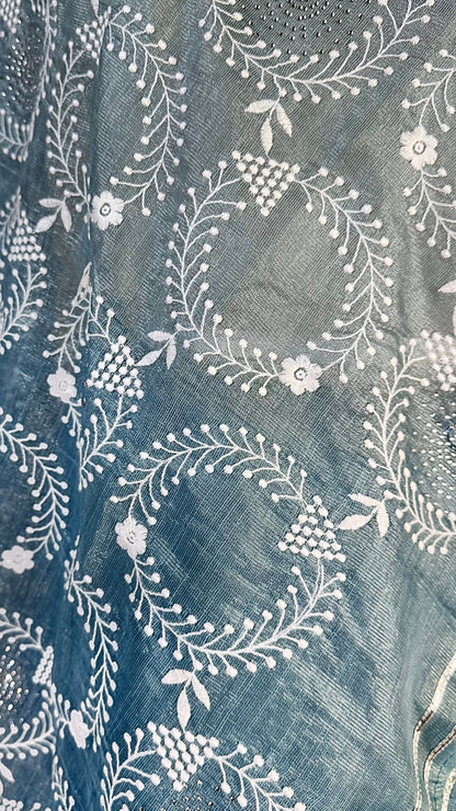 Elegant Blue tissue Saree with Embroidery border& Floral Motifs