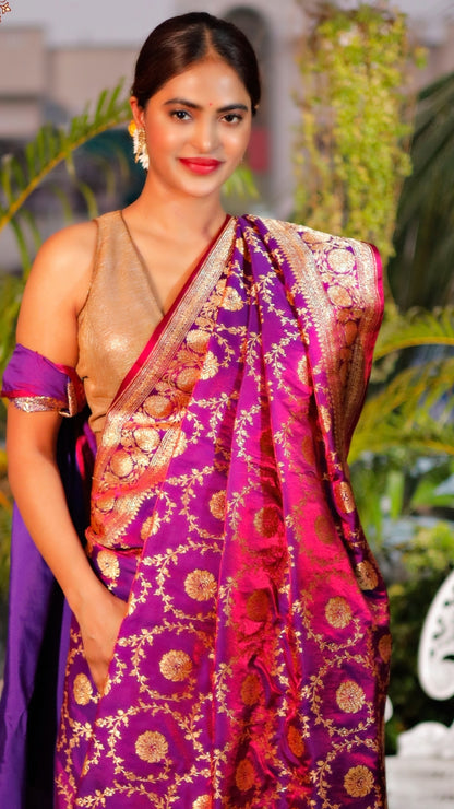Mandakini Purple Dual Zari Pure Katan Silk Banarasi Saree