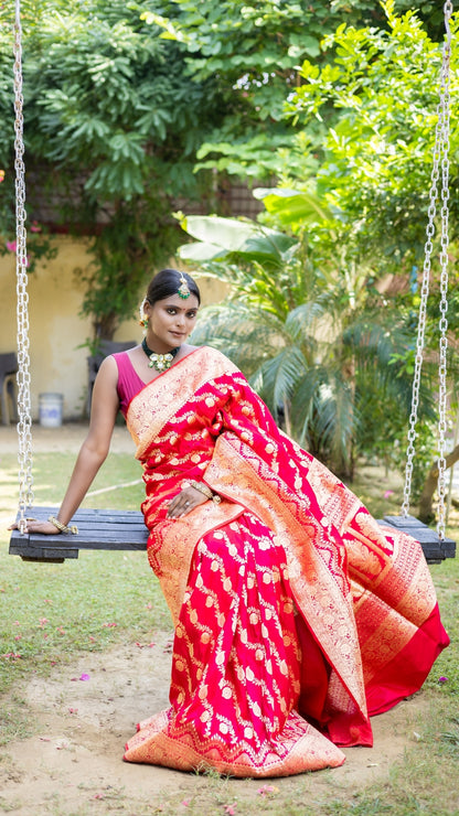 Crimson Flame Banarasi Silk Saree with Fiery Gold Zari Work