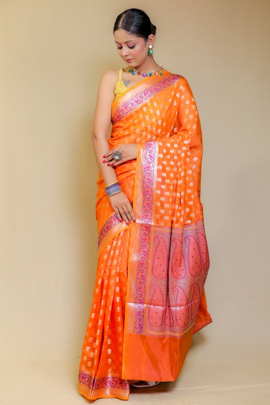 Radiant Orange Banarasi Italian Crepe Chinon Silk Saree with Paithani Style Pallu