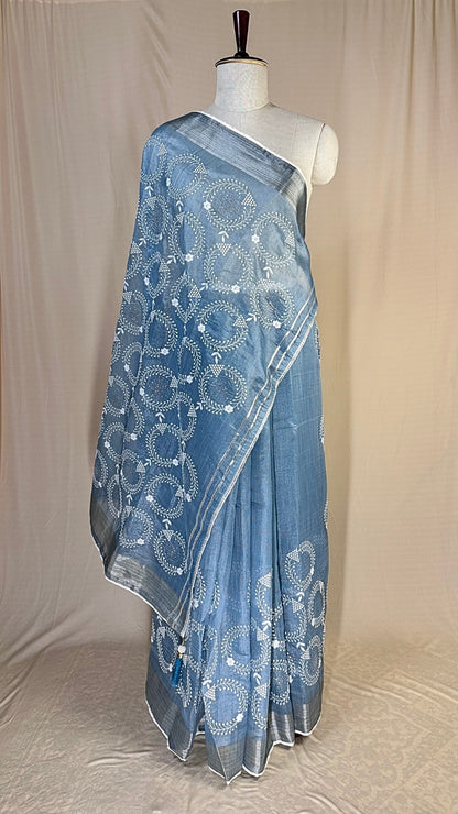 Elegant Blue tissue Saree with Embroidery border& Floral Motifs