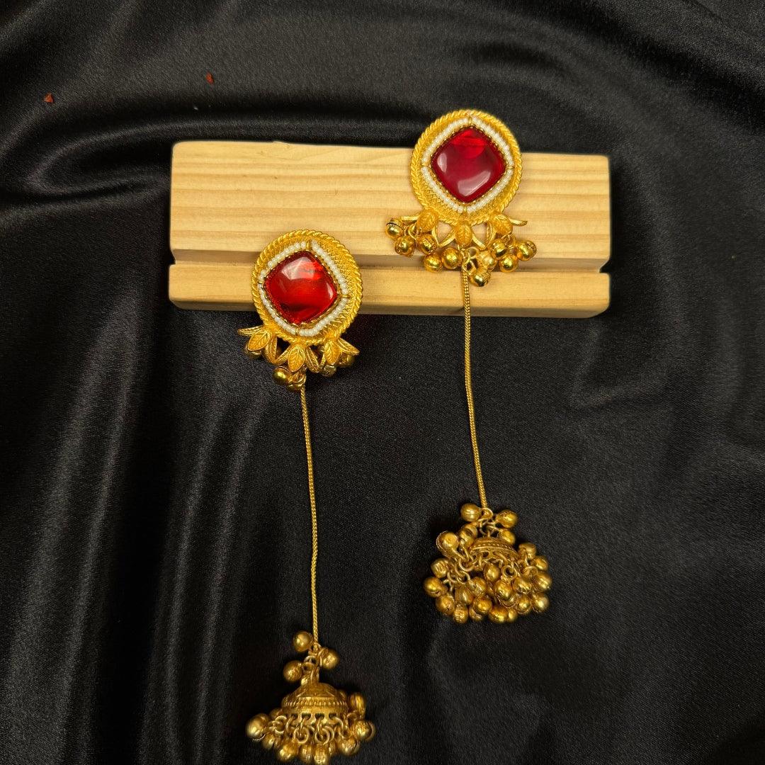Red Stone, Long Chain Dangle, Pearl Accents, Ethnic Indian Jewelry